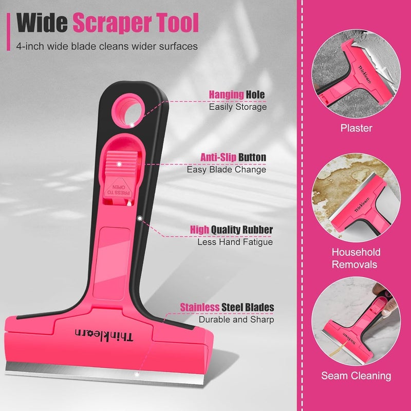 ThinkLearn Razor Blade Scraper Tool, 4" Razor Scraper with 20Pcs Replacement Blades, Pink Glass Scraper for Removing Decals, Tint, Stickers, Labels, Caulk, Adhesive from Window, Oven, Stove Top - Image 2